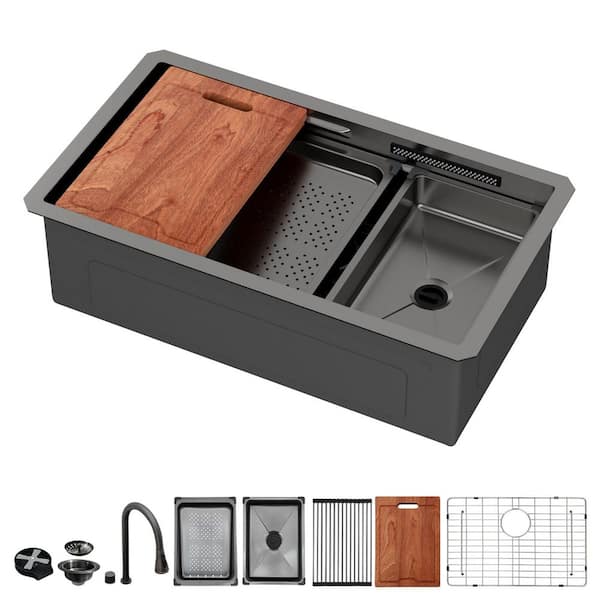 33 in. Undermount Single Bowl 16 Gauge Gunmetal Black Stainless Steel Workstation Kitchen Sink with Pull Down Faucet