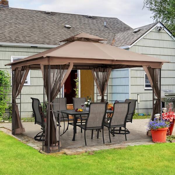 12 ft. W x 10 ft. D Light Brown Double Roof Patio Gazebo with Mosquito Net