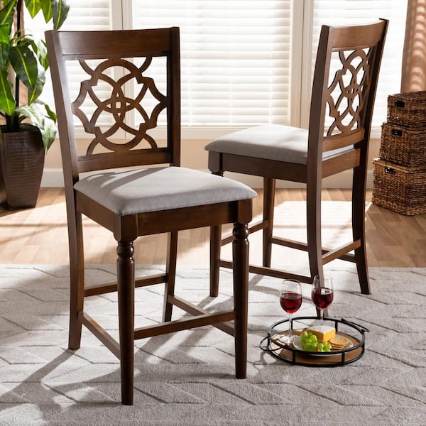 Baxton Studio Oscar 25 in. Grey and Walnut Brown Pub Chair Set of