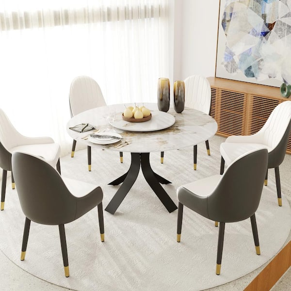 Magic Home 70.87 in. Pandora Pattern Rectangle Sintered Stone Pedestalth Black Base Dining Table (Seats 6)