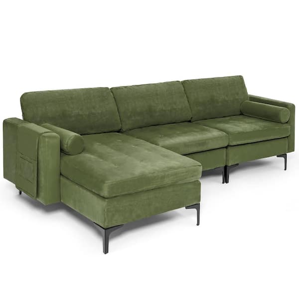 Costway 97 in. W Square Arm 3-Piece Suede Modular Sectional Sofa in Green withSocket USB Ports and Side Storage Pocket