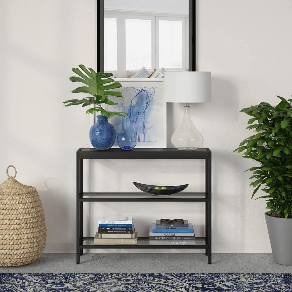Bronzed Metal & Glass 36" Console Table with Storage Shelves