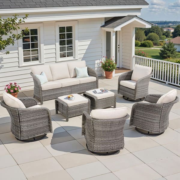 NestBarrel Light Gray Wicker Swivel Chair Patio Conversation Set with Olefin Beige 4 in. Thick Cushions (7-Piece)