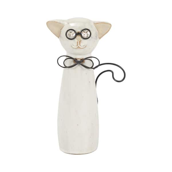 Liv & Skye Beige 4 in. x 7 in. Stoneware Ceramic Standing Cat with Glasses Figurine