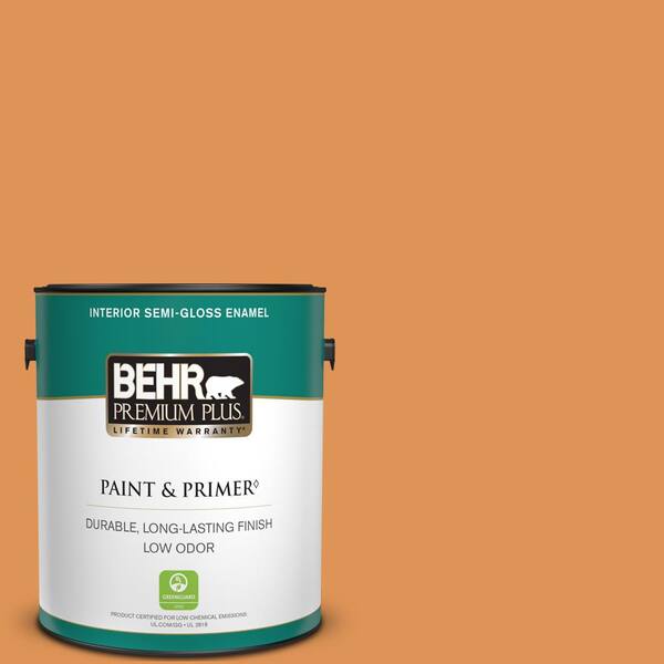 BEHR PREMIUM PLUS 1 gal. #270D-6 Pumpkin Toast Semi-Gloss Enamel Low Odor Interior Paint & Primer