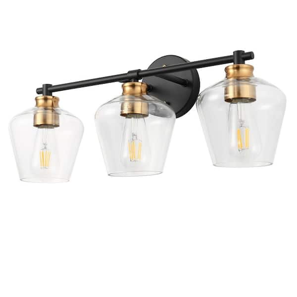 22 in. Black and Gold 3-Light Vanity Light with Clear Glass Shade for Vanity Powder Room Dressing Room