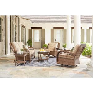 Beacon Park Brown Wicker Outdoor Patio Swivel Lounge Chair with Toffee Trellis Tan Cushions