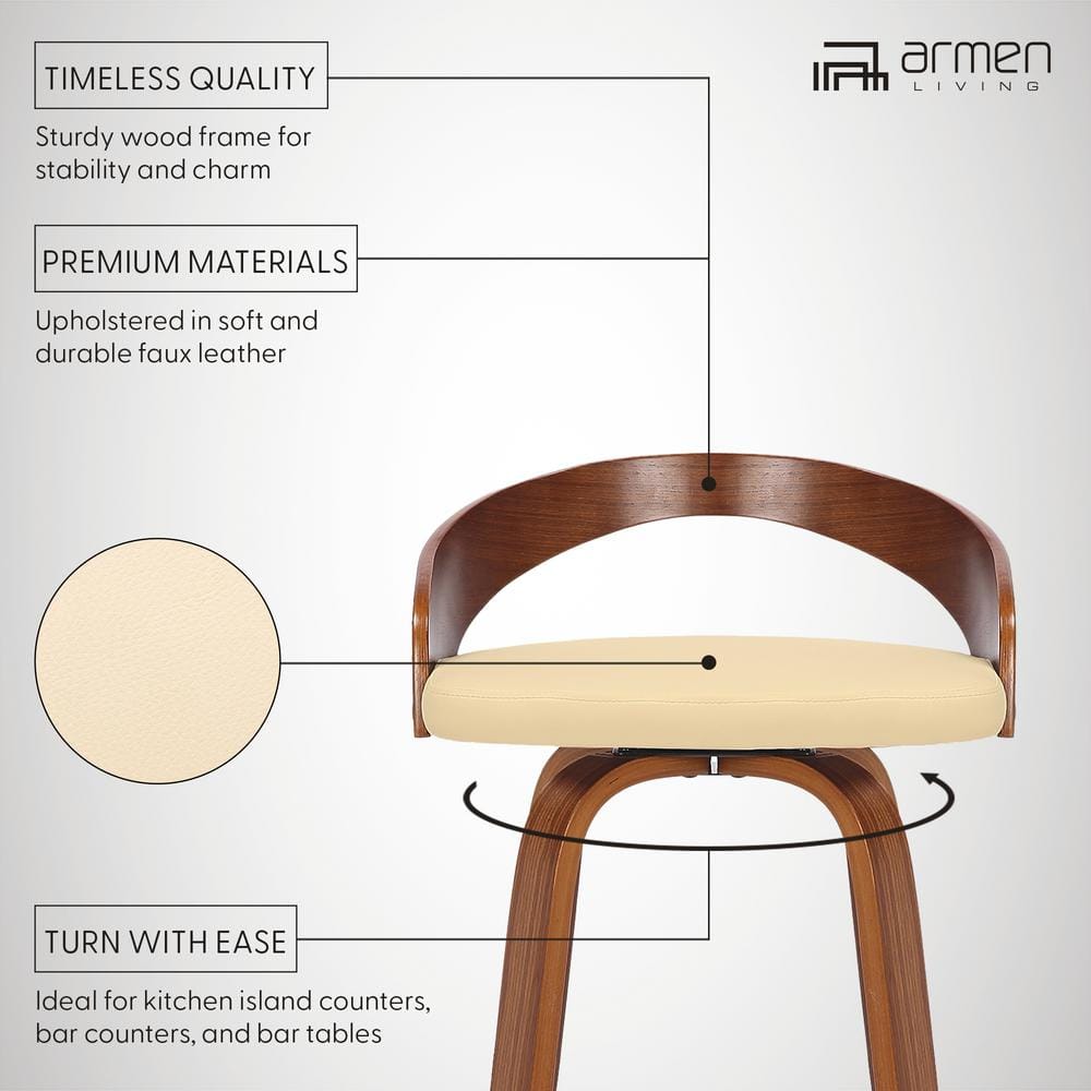 Cream Faux Leather and Walnut Wood Swivel Bar Stool, 30"