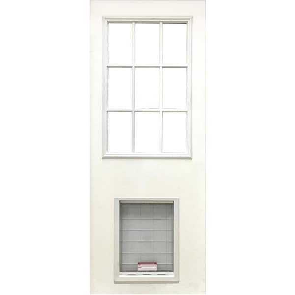 Steves & Sons 31-3/4 in. x 79 in. Reliant Series Clear 9-Lite White Primed Fiberglass Front Door Slab with Extra Large Pet Door
