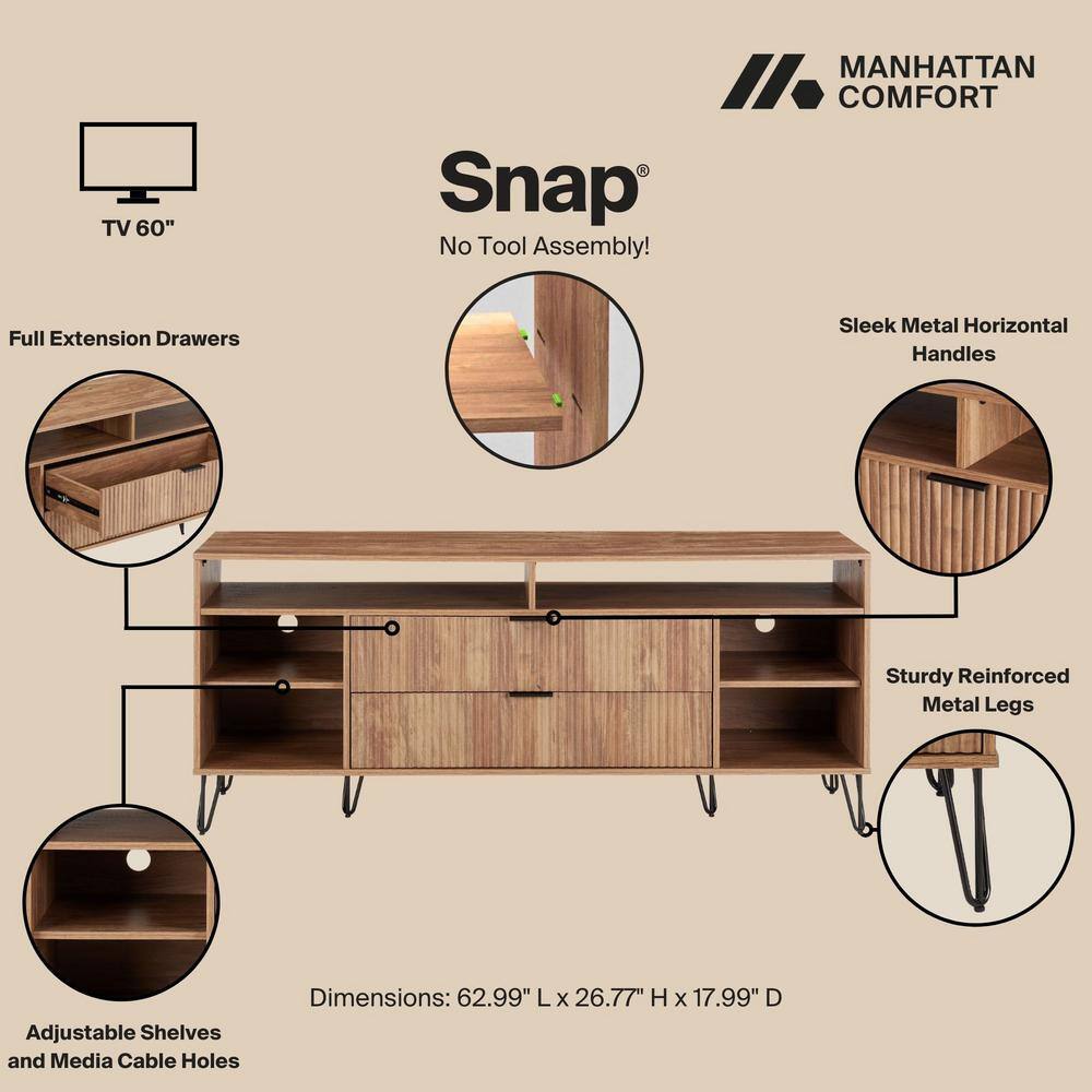 Golden Brown Mid-Century Modern TV Stand with Cabinet and Shelves