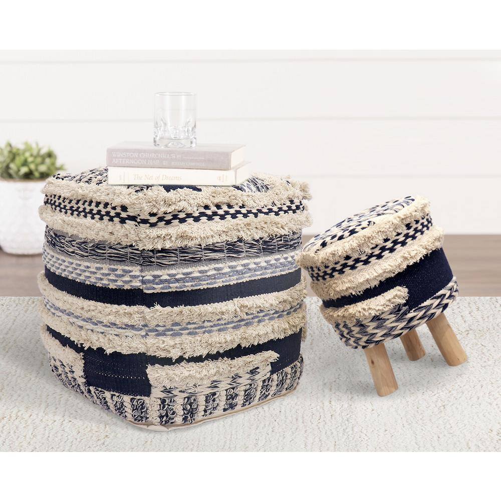 Navy and Beige Handwoven Cotton Shaggy Pouf