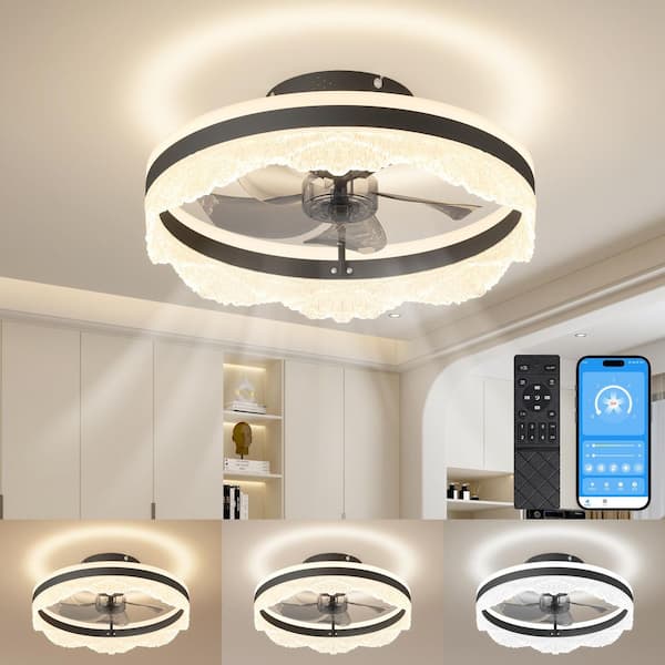 20 in. Smart Black Indoor Black Flush Mount Caged DC Motor Ceiling Fan with 3-Color Dimmable LED Light and App&Remote