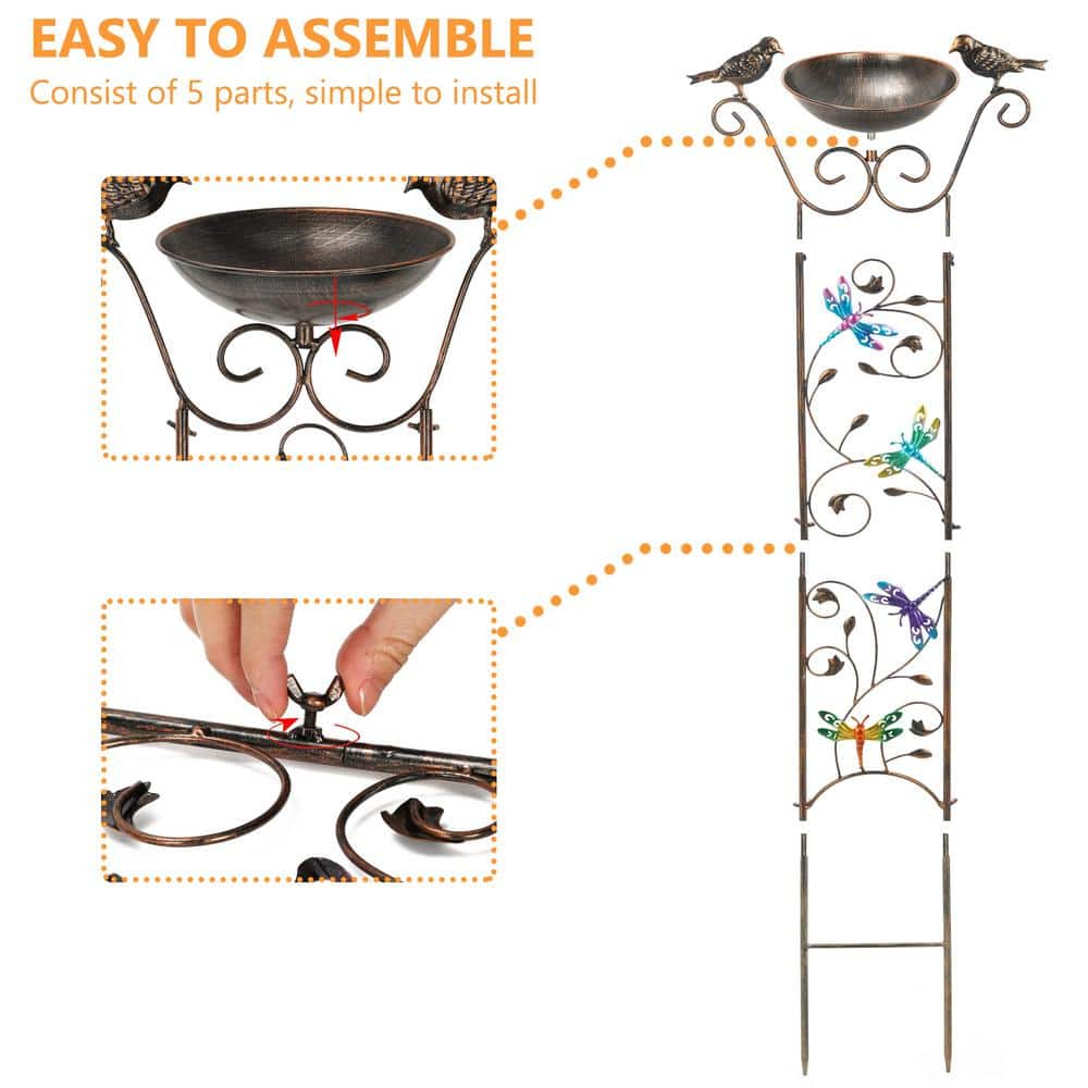 Elegant 40" Bronze Metal Garden Trellis with Bird Bath