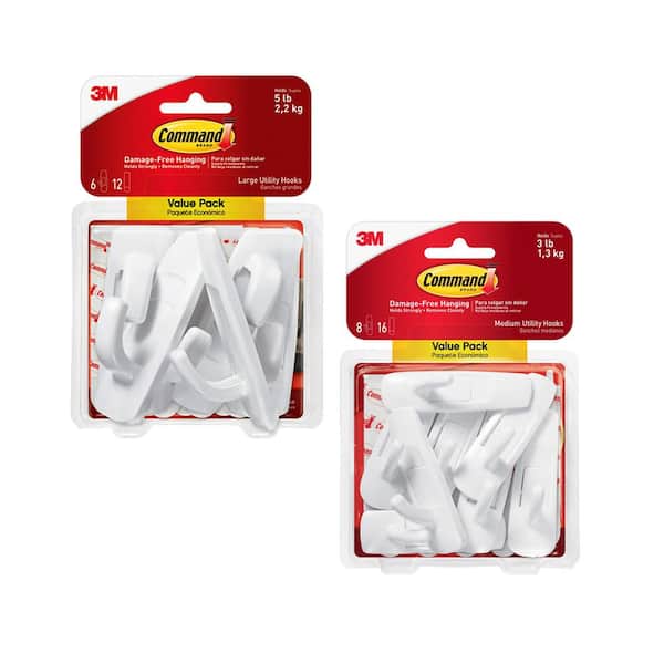 Command Large and Medium White Utility Hook Value Pack 14 Hooks and 28 Command Strips