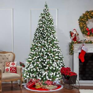 9 ft. Pre-Lit Huge LED White Snow Flocked Artificial Christmas Tree with 900 LED Light and Red Berries