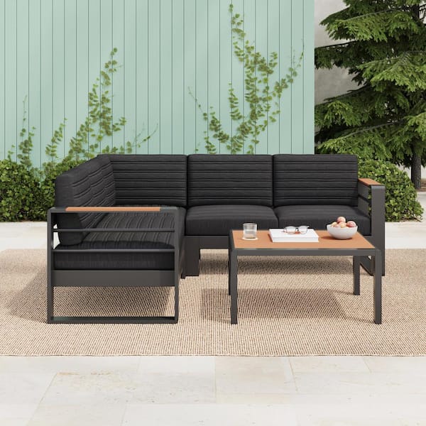 Noble House Heney 4-Piece V-Shape Aluminum Outdoor Patio Sofa Set with Black Cushions