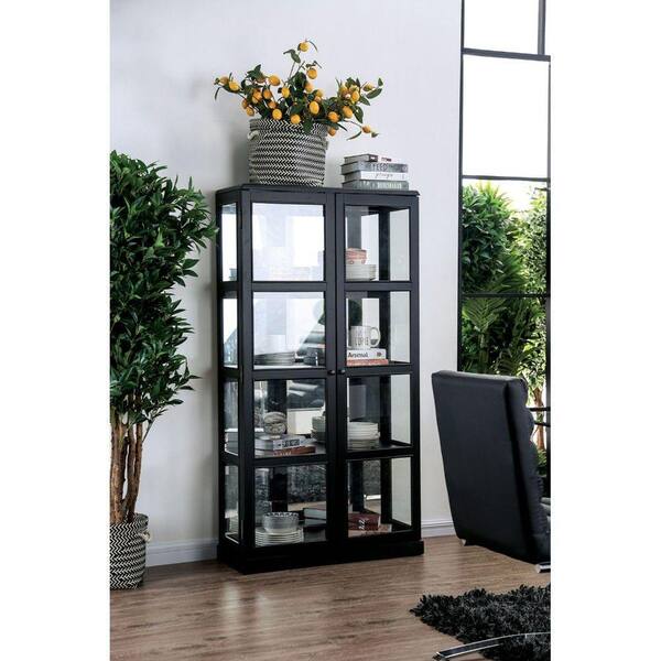 Benjara Transitional Black Wooden Curio, Two Shelf Bookcase With Glass Doors