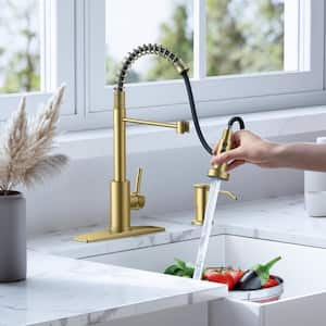 Single Handle Pull Down Sprayer Kitchen Faucet High Arch Kitchen Sink Faucet with Soap Dispenser in Gold