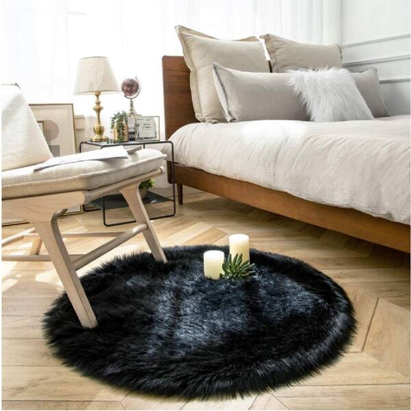 Latepis Sheepskin Faux Furry Black Cozy Rugs 8 ft. x 10 ft. Area Rug