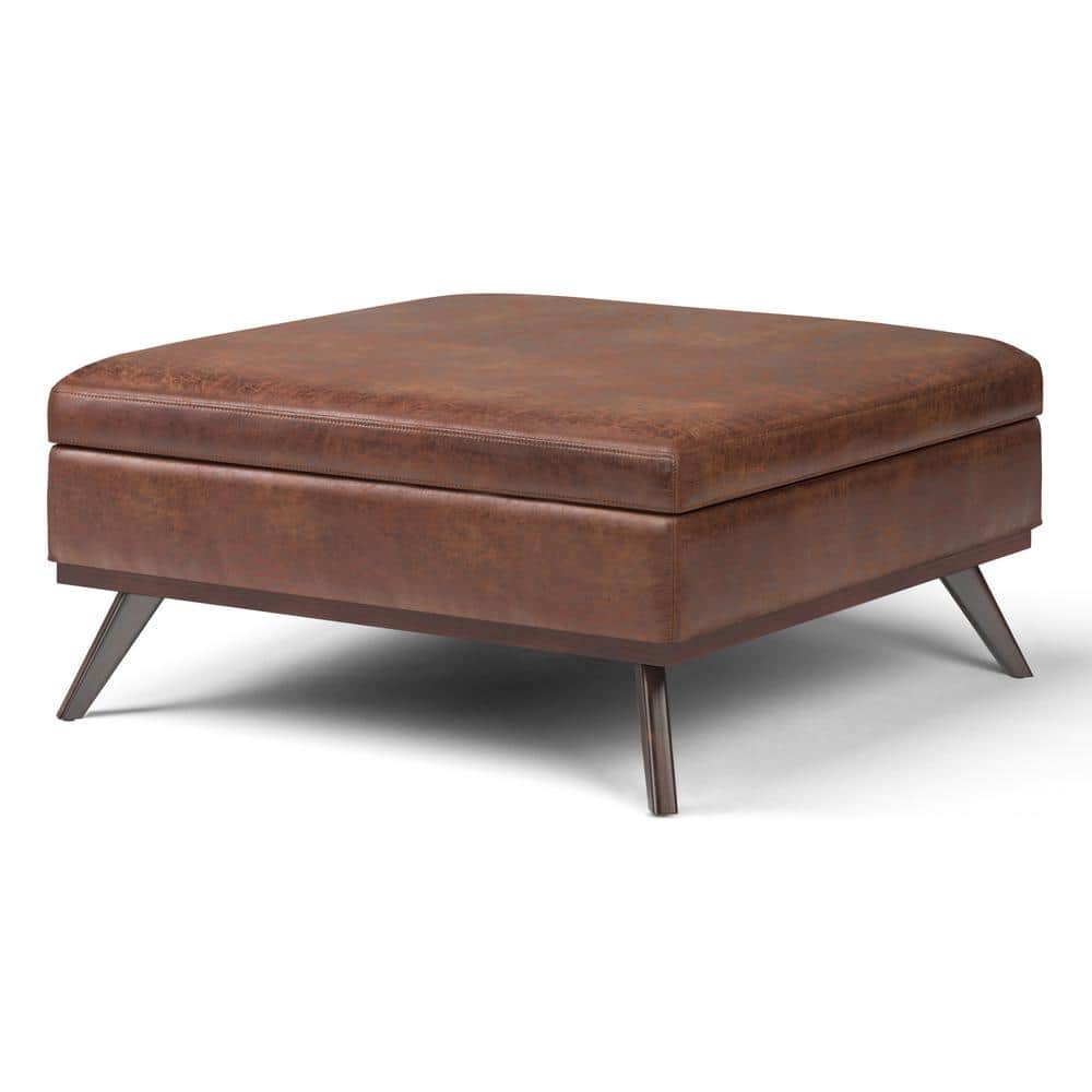 Owen Distressed Saddle Brown Faux Leather Lift Top Storage Ottoman