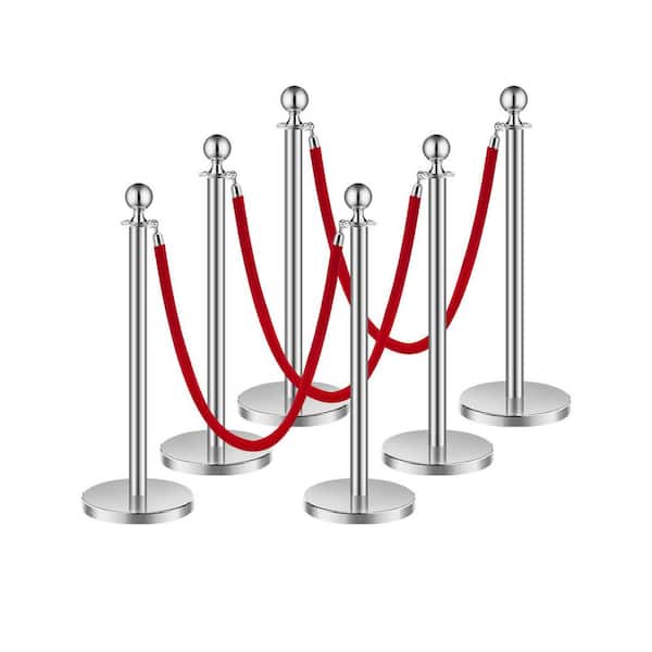 Stanchions and Velvet Ropes 6Pcs, Hollow Base with Stainless Steel Post, 3 Red Velvet Ropes and Posts