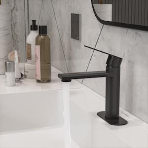 Modern Handle Single Hole Bathroom Faucet with Deck Plate Included and Spot Resistant in Matte Black