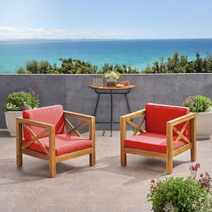 Brava Teak Brown Removable Cushions Wood Outdoor Lounge Chair with Red Cushion (2-Pack)