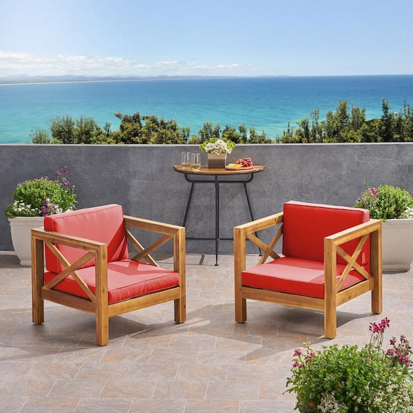 Noble House Brava Teak Brown Removable Cushions Wood Outdoor Patio Lounge Chair with Red Cushion (2-Pack)