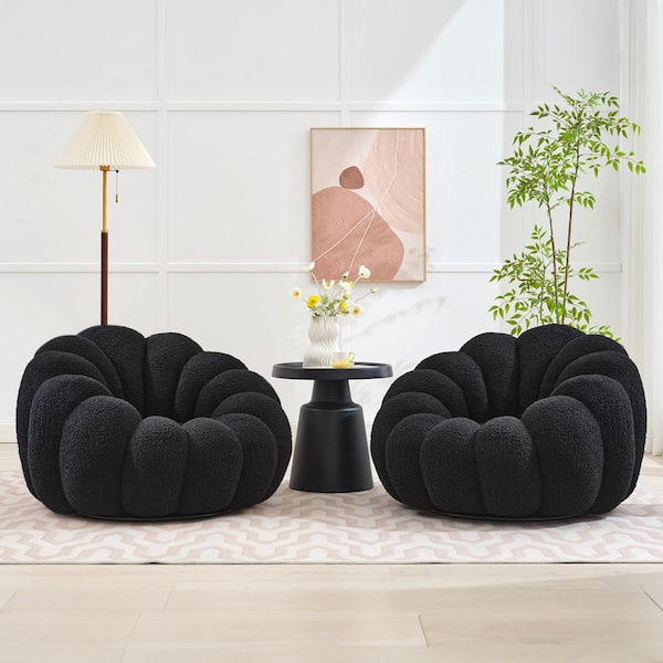 Modern Black Comfy Teddy Velvet Swivel Chair for Living Room Set of 2