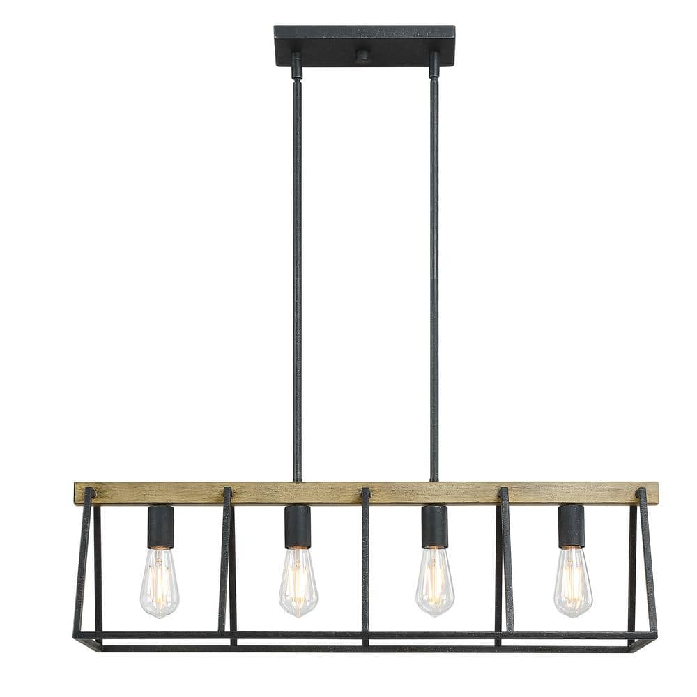 32" Matte Black and Light Brown Metal Lantern Pendant Chandelier