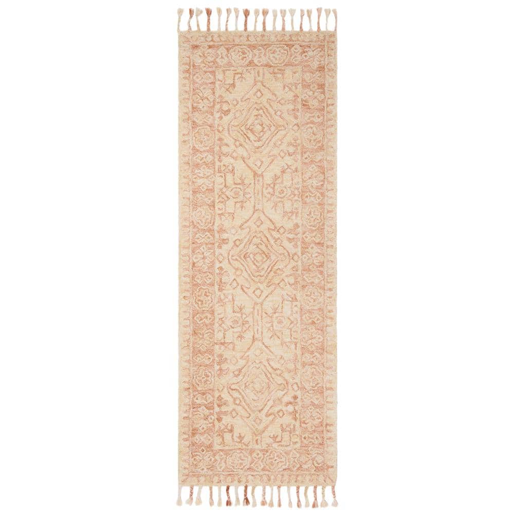 Ivory and Blush Handmade Wool Floral Runner Rug
