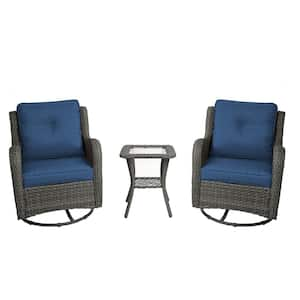 2-Piece Patio Swivel Wicker Outdoor Rocking Chairs with Royal Blue Cushion and Side Table Sets for Porch Deck (Set of 2)