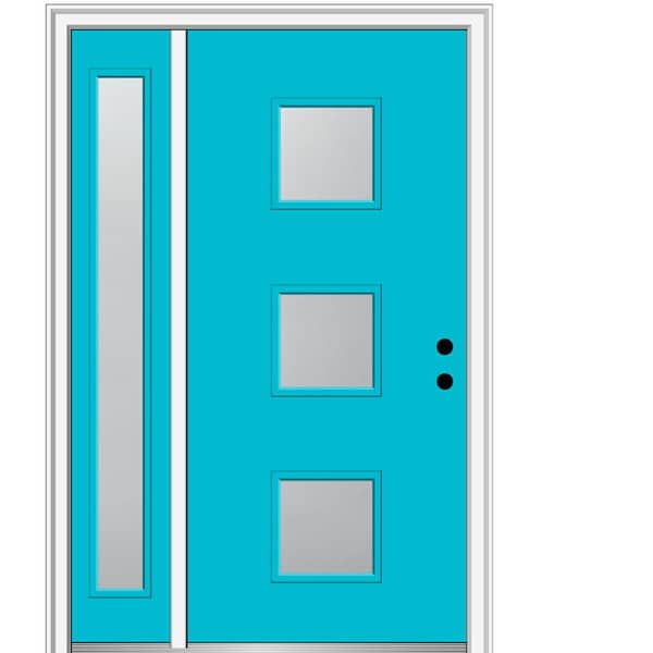 MMI Door 51 in. x 81.75 in. Aveline Frosted Left-Hand 3-Lite Modern Painted Fiberglass Smooth Prehung Front Door with Sidelite