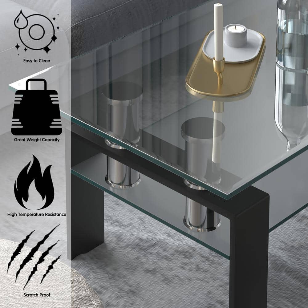 Modern Rectangular Glass Coffee Table with Black Metal Legs
