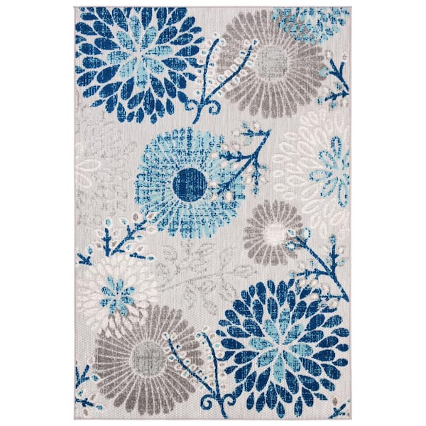 SAFAVIEH Cabana Gray/Blue 4 ft. x 6 ft. Contemporary Floral Leaf Indoor/Outdoor Patio Area Rug