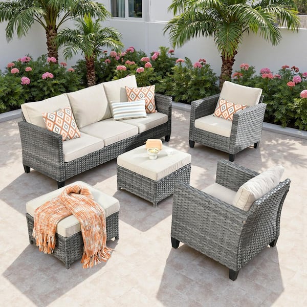 Camden 5-Piece Gray 3-Seat Wicker Patio Furniture Outdoor Patio Conversation Set with Beige Cushion and Ottoman