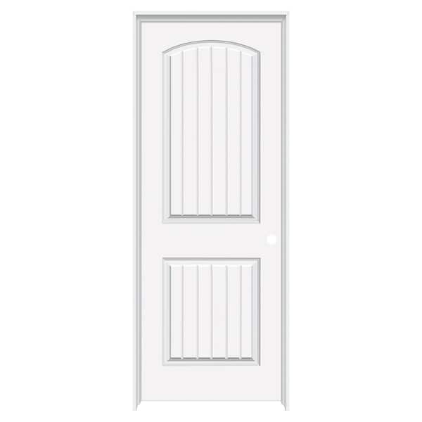 Builders Choice 28 in. x 80 in. 2-Panel Round Top Plnk Smooth Left-Hand HC White Primed Molded Composite Single Prehung Interior Door