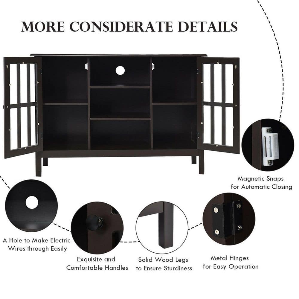 Elegant Tall Brown TV Console with Cabinet Storage and Shelves