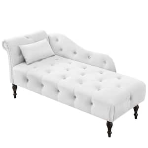 White Velvet One Rolled Arm Indoor Chaise Lounge with a Pillow, Tufted Button Chaise
