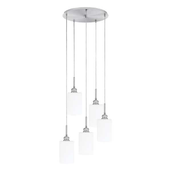 Unbranded Albany 60-Watt 19.75 in. 5 Light Nickel Shaded Pendant Light with 4 in. White Muslin Glass Shade, No Bulbs Included