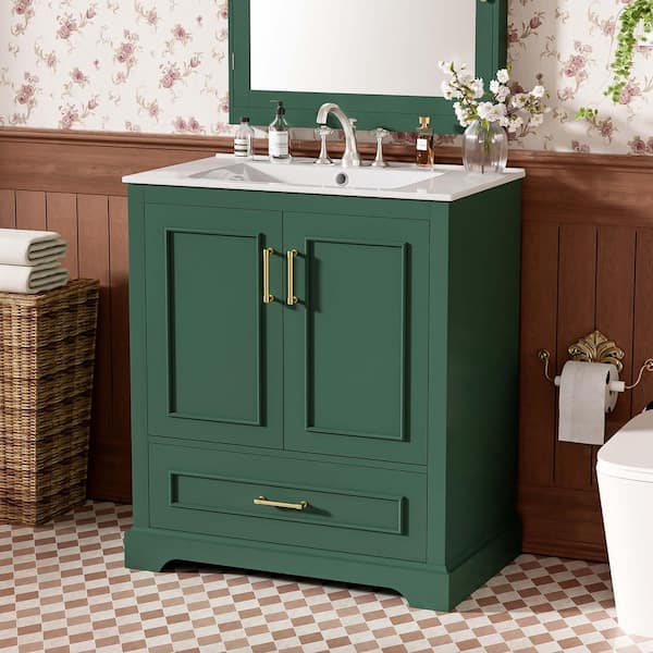 30 in. W Freestanding Bathroom Vanity in Black with White Ceramic Basin, Double-Layer Drawer and Adjustable Shelf