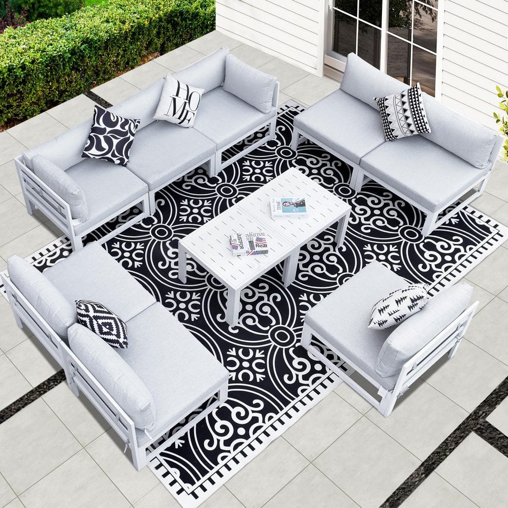 Modern 10-Piece White Aluminum Outdoor Patio Conversation Deep Seating Set with Light Gray Cushions and Coffee Tables price history on PriceWatchPro