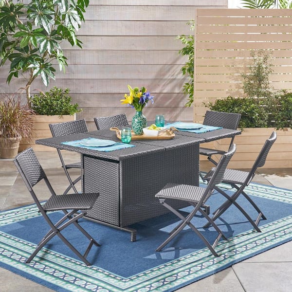 Noble House Maldives Gray 7-Piece Foldable Faux Rattan Outdoor Dining Set