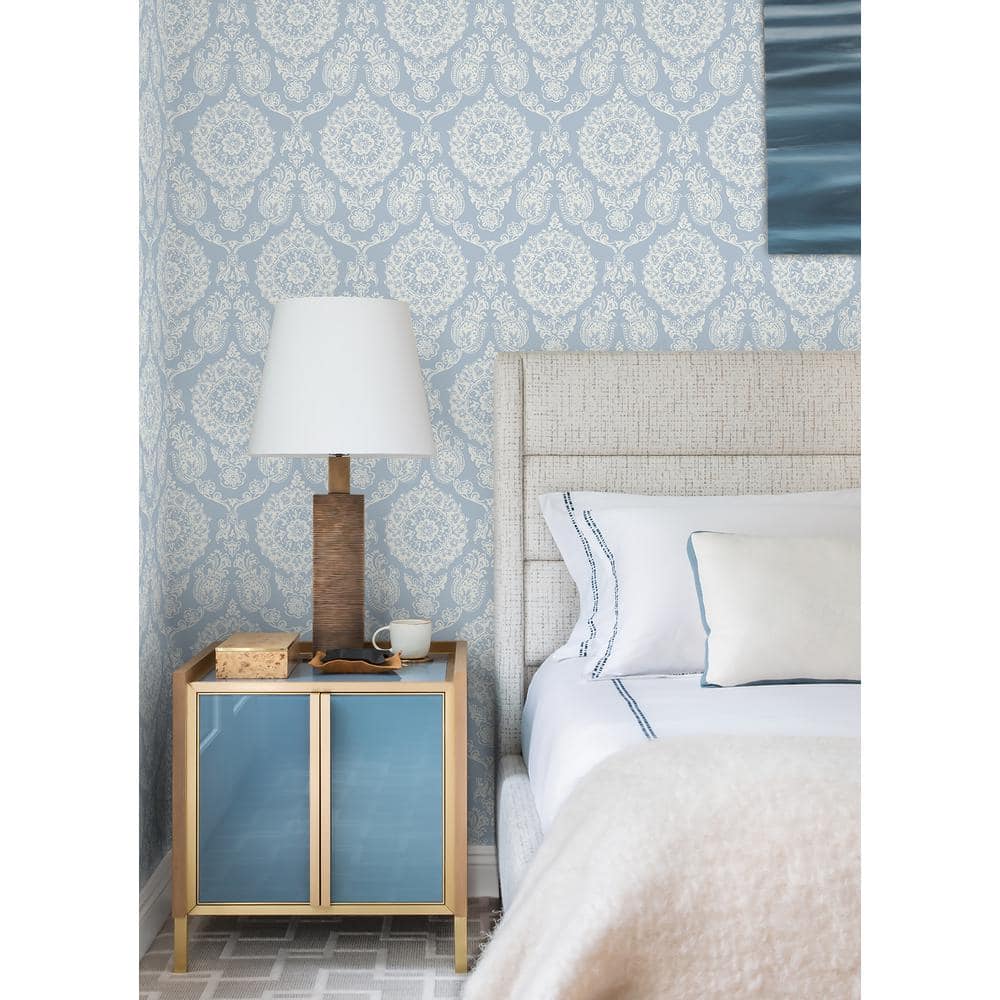 Helm Damask Light Blue and White Floral Medallion Wallpaper