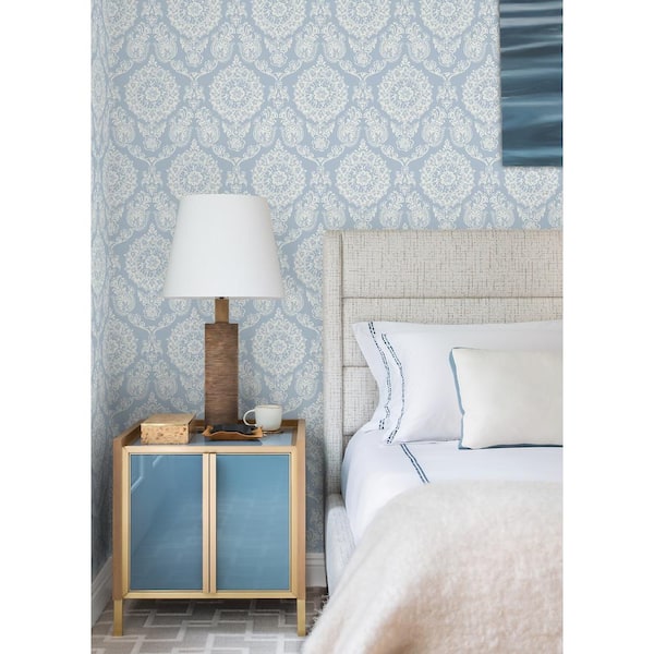 Helm Damask Light Blue Floral Medallion Matte Paper Pre-Pasted Wallpaper