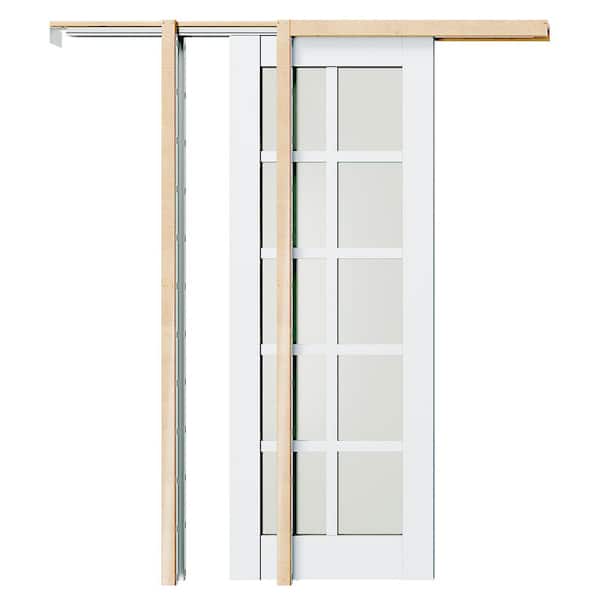 28 in. x 80 in. 10-Lite, Frosted Glass, Solid Core, DIY Painted, White Primed, MDF Sliding Door with All Hardware