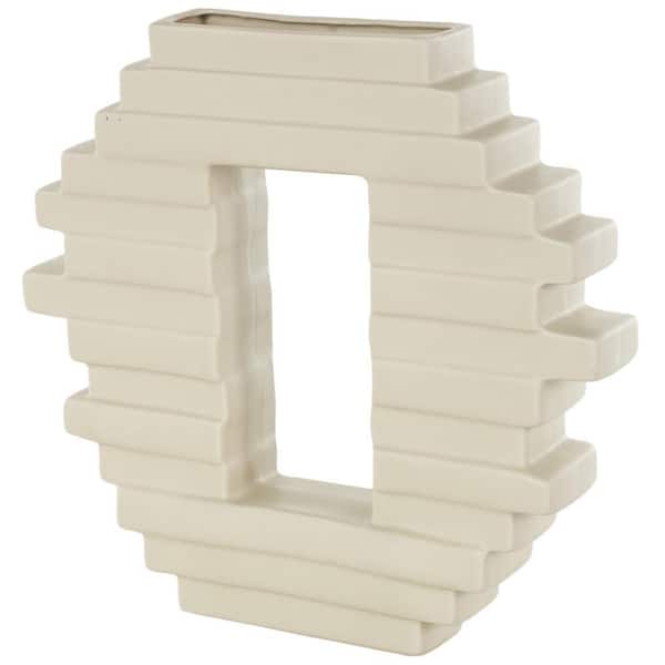 Litton Lane 12 in. Cream Ceramic Geometric Decorative Vase with Rectangular Center Cutout