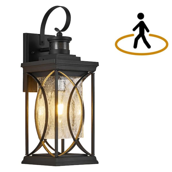 Black Waterproof Outdoor Wall Light Motion Dusk to Dawn Sensor Lantern Sconce with Glass Shade with No Bulbs Included