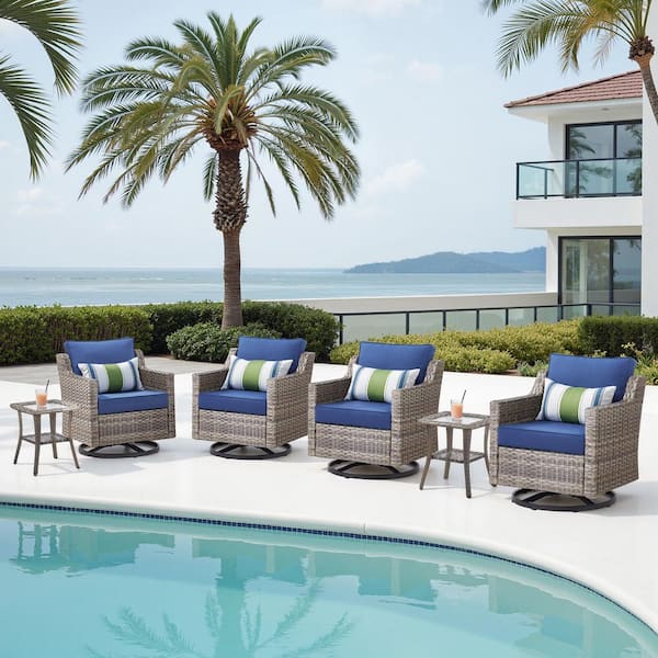 6-Piece Wicker Patio Conversation Set, 4-Swivel Chairs and Side Table with Blue Cushions
