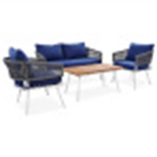 myhomore Furniture Set of 4-Piece Metal Conversation Set with Acacia Wood Table, Patio with Thick Cushion, Navy Blue